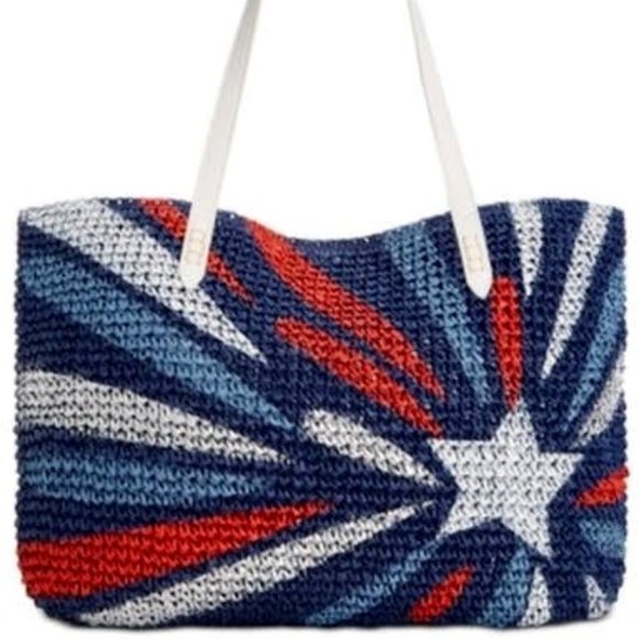 INTERNATIONAL Concepts Patriotic Tropical Star Straw Tote Blue - Picture 1 of 4